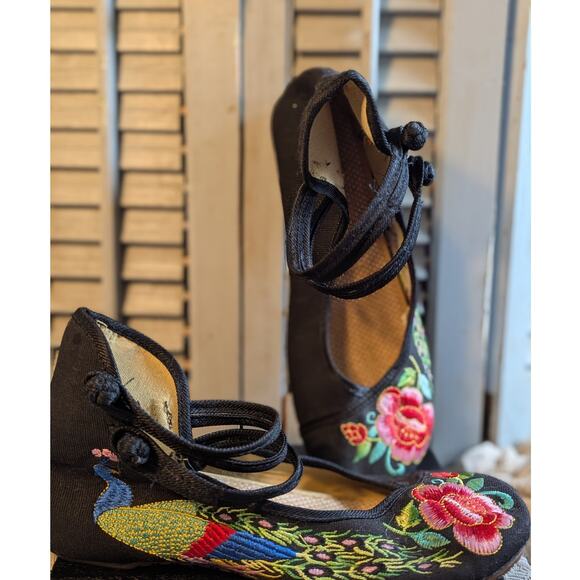 unknown Shoes - Chinese embroidered peacock flats with ankle straps